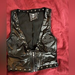Killstar black pleather vest with embroidery on breast